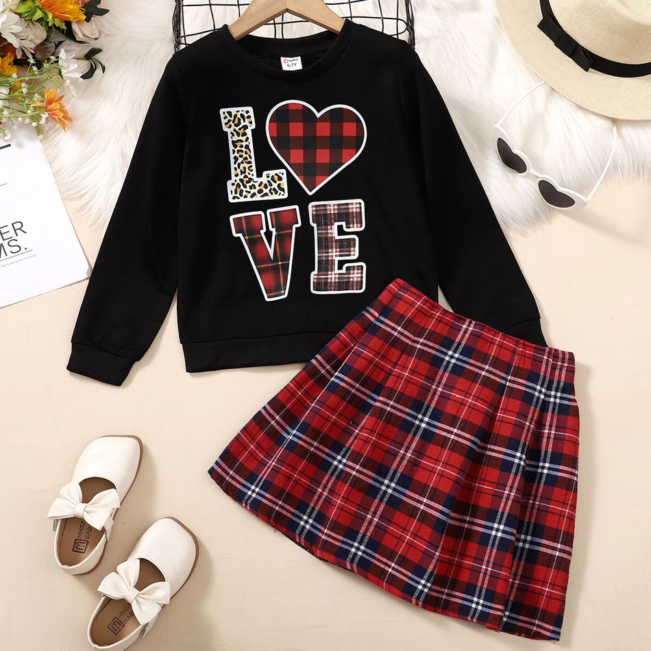 2pcs Kid Girl Letter Embroidered Sweatshirt and Red Plaid Skirt Set Black big image 1
