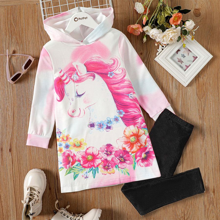 Kinder-Mädchen-Einhorn-Blumendruck-Sweatshirt-Kleid mit Kapuze / elastische Leggings rosa big image 6