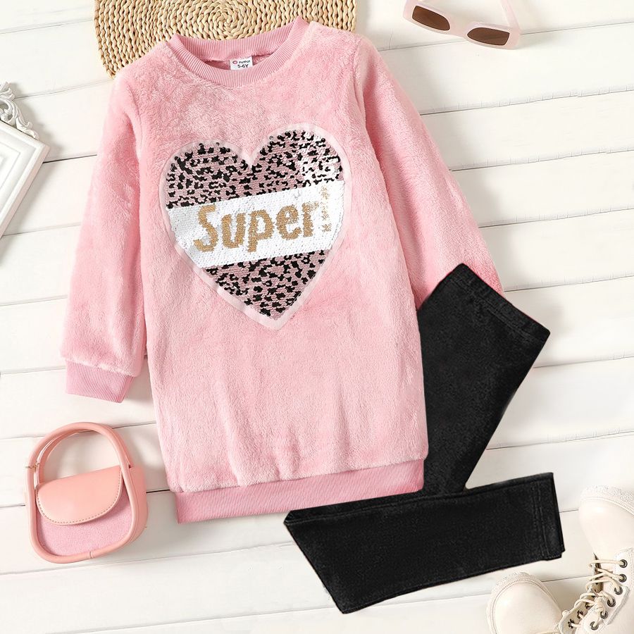 Kid Girl Flip Sequin Heart Pattern Sweatshirt Dress/  100% Cotton Denim Leggings Pink