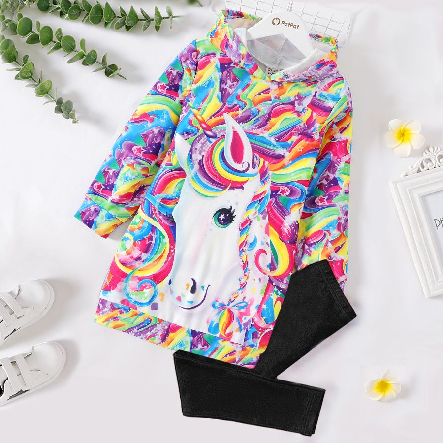 Kid Girl Unicorn Rainbow Print Long-sleeve Hooded Sweatshirt Dress Multi-color big image 6