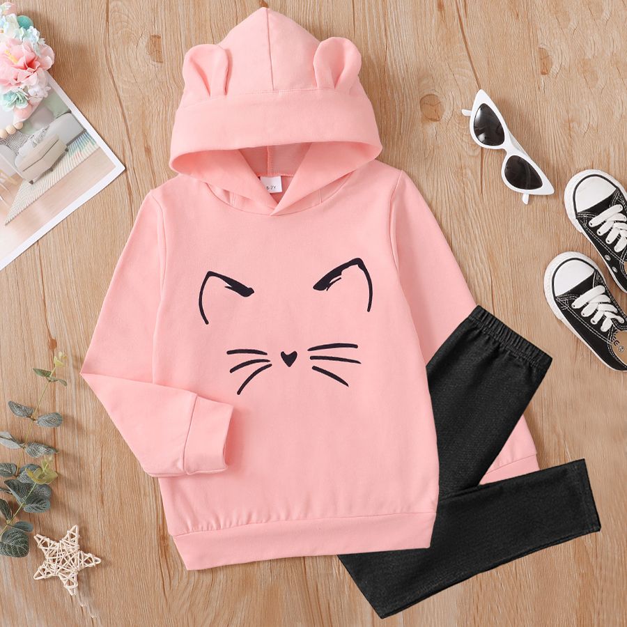 Kid Girl Cat Print Ear Design Solid Hoodie Sweatshirt/ 100% Cotton Elastic Denim Leggings Pink big image 9