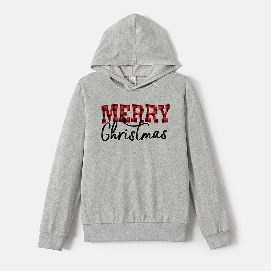 Go-Neat Water Repellent and Stain Resistant Family Matching Plaid Letter Print Grey Long-sleeve Hoodies Light Grey big image 3