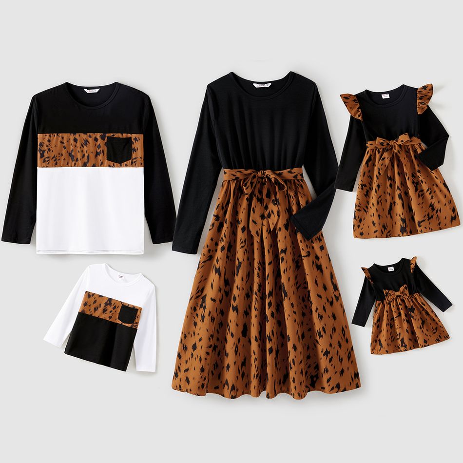 Family Matching Black Spliced Leopard Print Belted Dresses and Long-sleeve Colorblock T-shirts Sets Multi-color big image 1