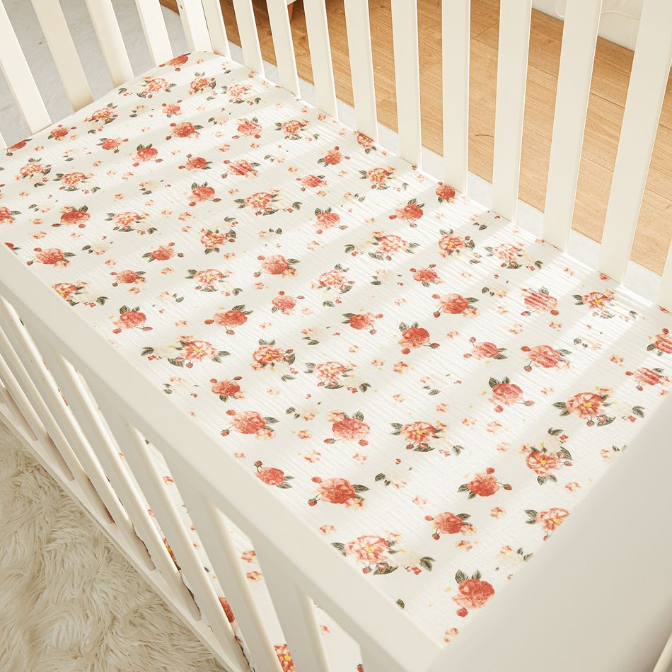 Drap de lit bébé 100% mousseline de coton à motif floral Multicolore big image 1
