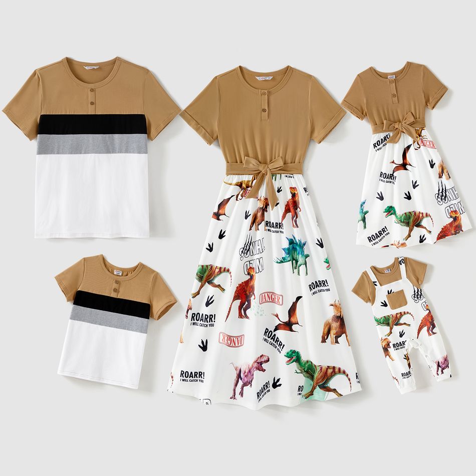 Family Matching Cotton Short-sleeve Button Front Colorblock T-shirts and Dinosaur & Letter Print Spliced Dresses Sets ColorBlock big image 1