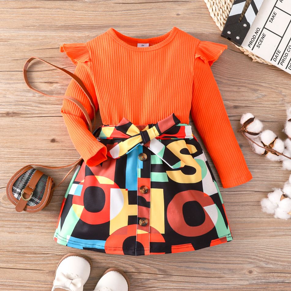 2pcs Kid Girl Ruffled Ribbed Long-sleeve Tee and Letter Print Belted Skirt Set Orange big image 1