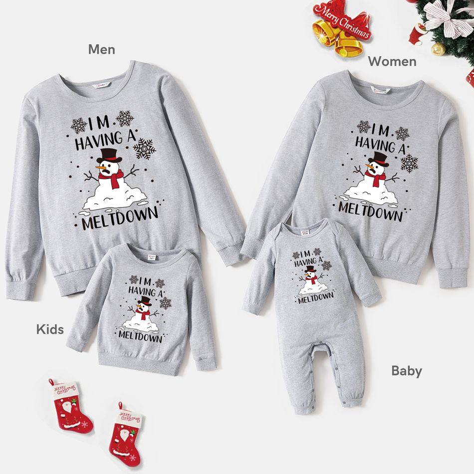 Christmas Family Matching 100% Cotton Snowman & Letter Print Long-sleeve Sweatshirts Grey big image 1
