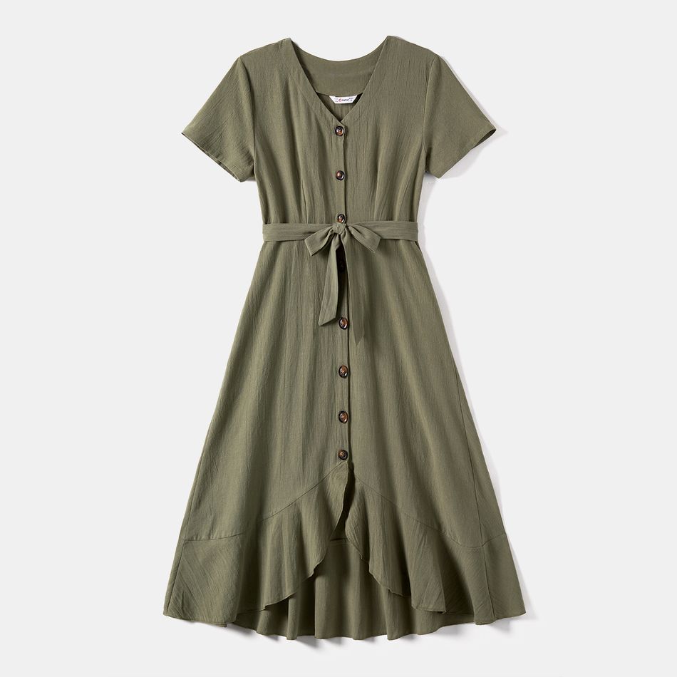 Family Matching 100% Cotton Short-sleeve Button Front Belted High Low Hem Dresses and Colorblock T-shirts Sets Green big image 4