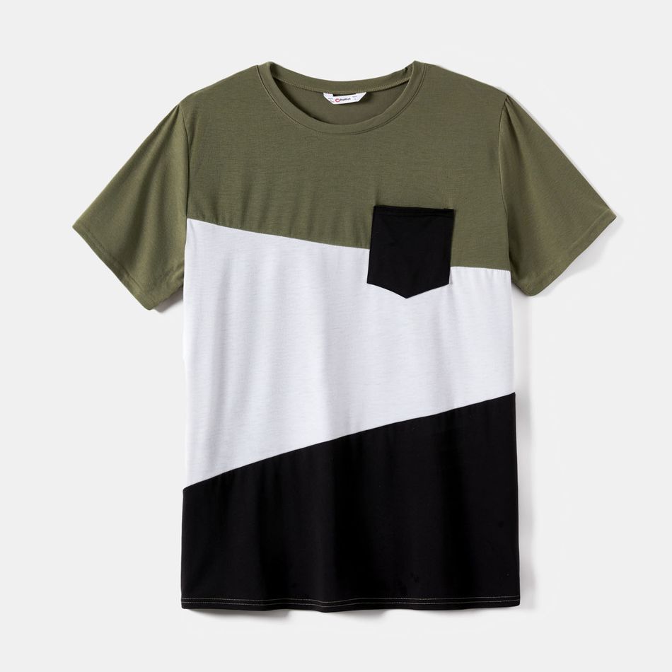 Family Matching 100% Cotton Short-sleeve Button Front Belted High Low Hem Dresses and Colorblock T-shirts Sets Green big image 7