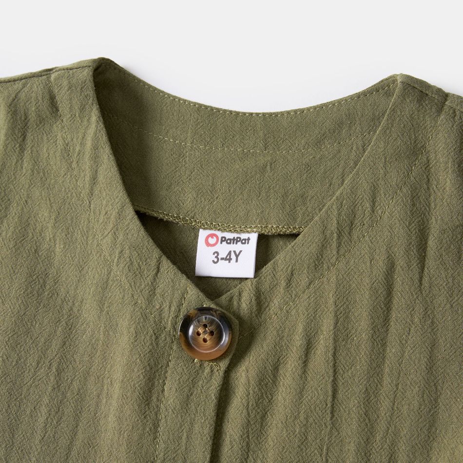 Family Matching 100% Cotton Short-sleeve Button Front Belted High Low Hem Dresses and Colorblock T-shirts Sets Green big image 8