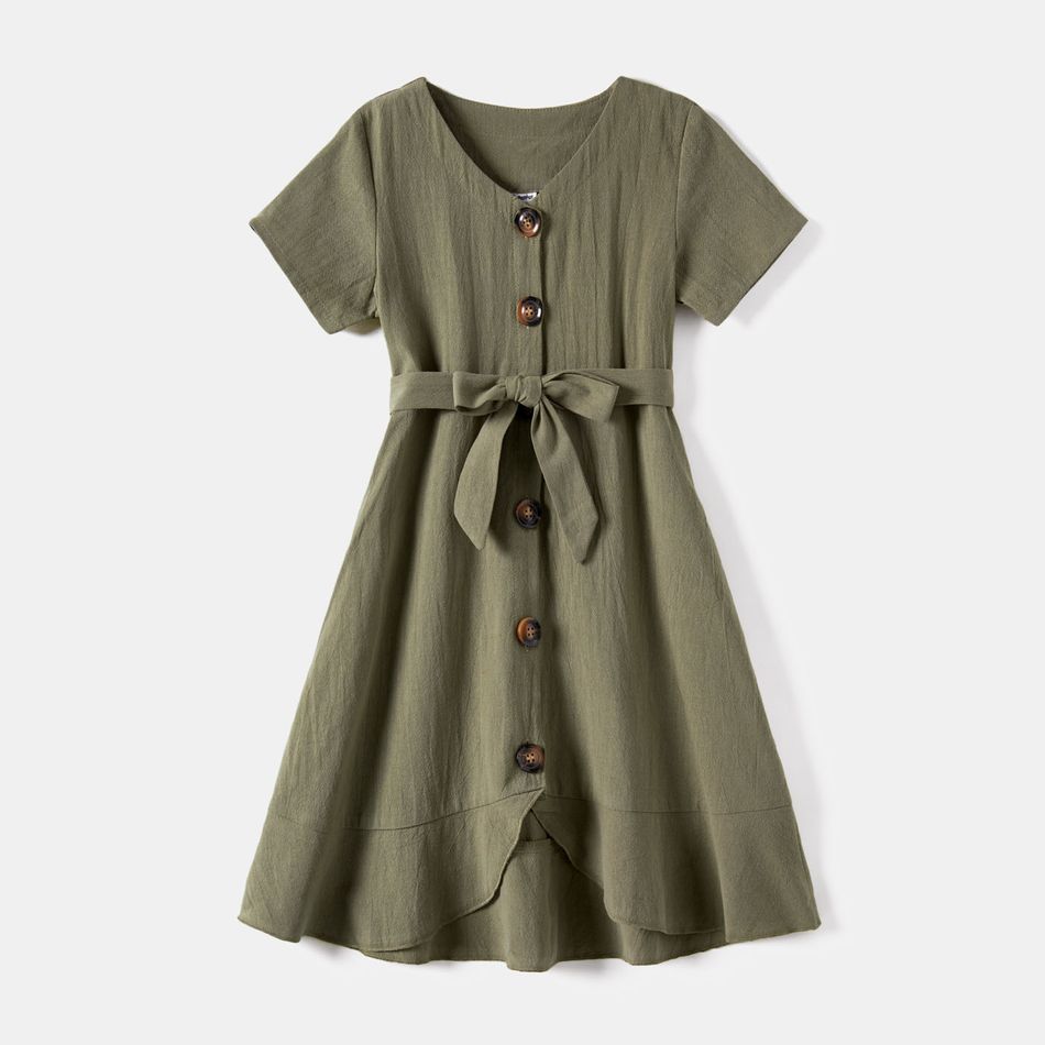 Family Matching 100% Cotton Short-sleeve Button Front Belted High Low Hem Dresses and Colorblock T-shirts Sets Green big image 10