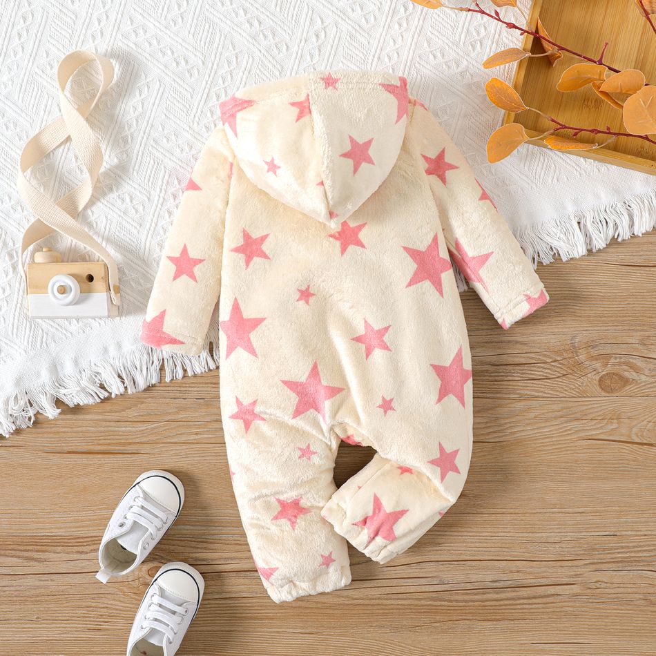 Baby Boy/Girl Allover Stars Pattern Thermal Coral Fleece Hooded Long-sleeve Zipper Jumpsuit Light Pink big image 3