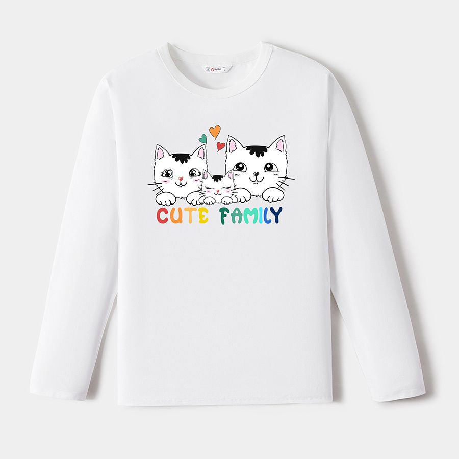 Go-Neat Water Repellent and Stain Resistant Family Matching Cat & Letter Print Long-sleeve Tee White big image 2
