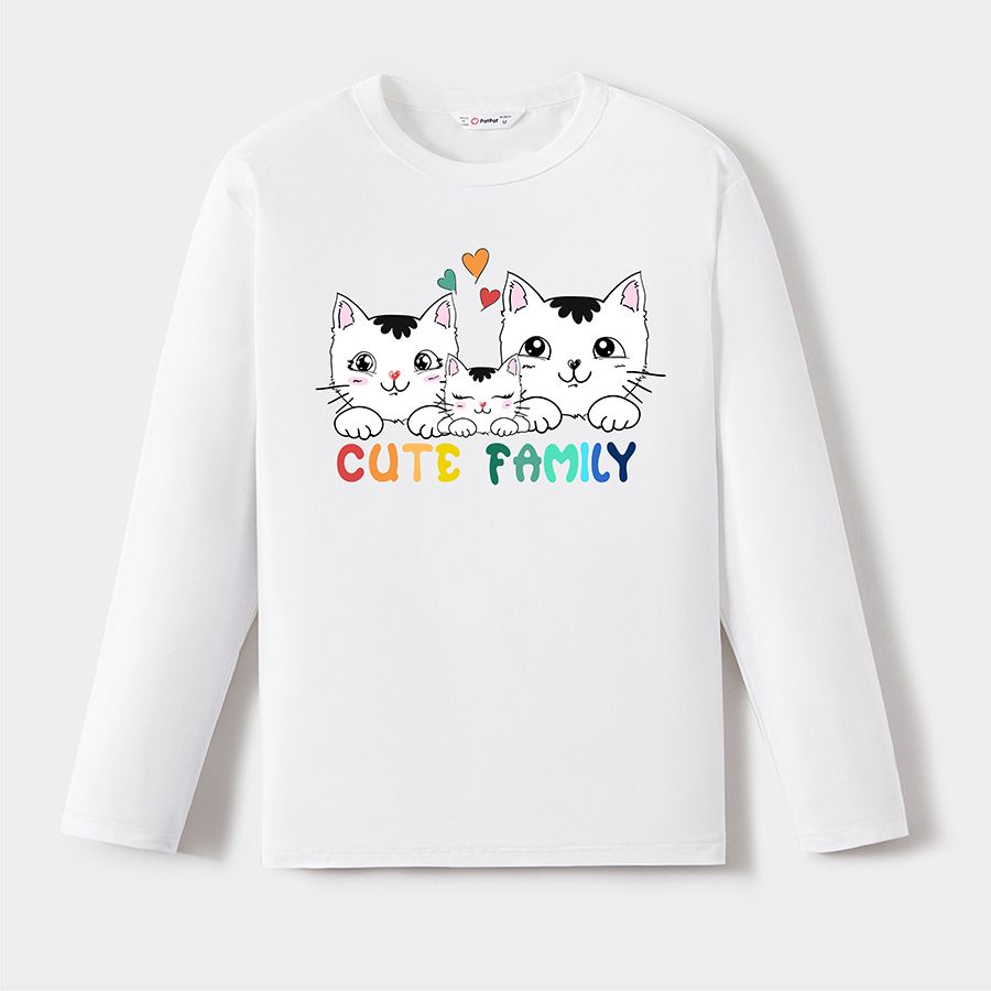 Go-Neat Water Repellent and Stain Resistant Family Matching Cat & Letter Print Long-sleeve Tee White big image 3