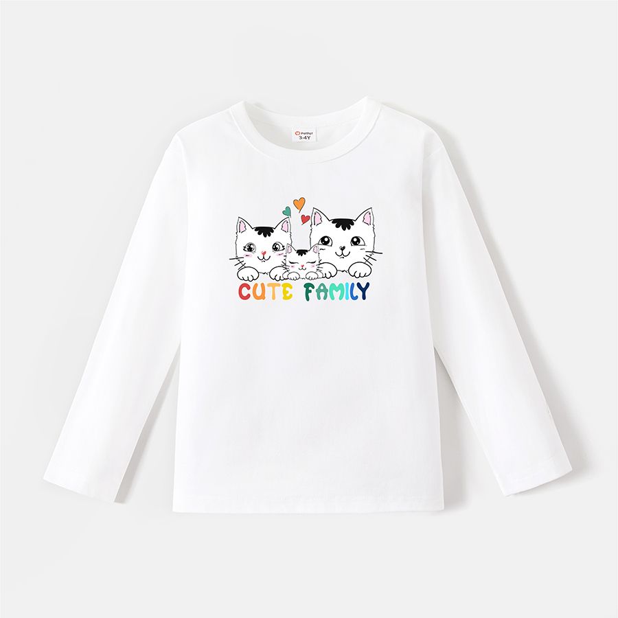 Go-Neat Water Repellent and Stain Resistant Family Matching Cat & Letter Print Long-sleeve Tee White big image 4