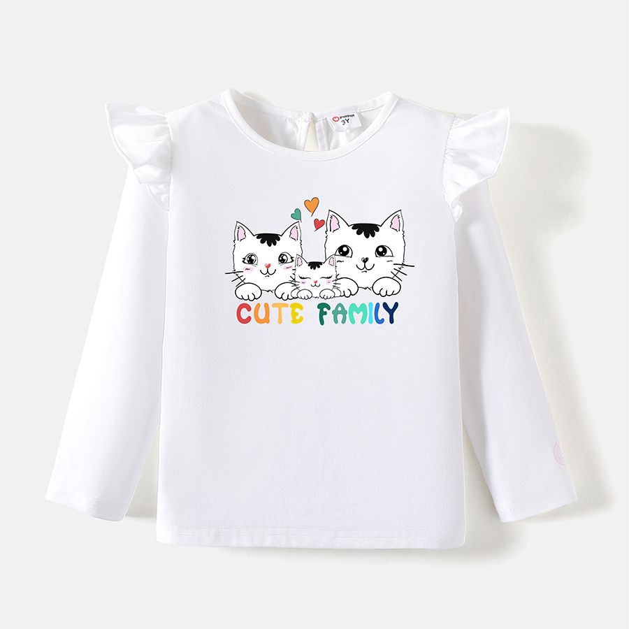 Go-Neat Water Repellent and Stain Resistant Family Matching Cat & Letter Print Long-sleeve Tee White big image 5