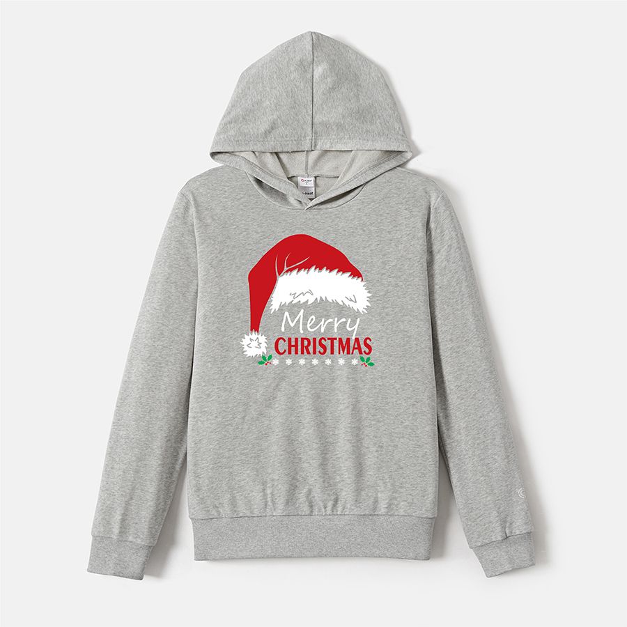 Go-Neat Water Repellent and Stain Resistant Family Matching Christmas Hat & Letter Print Grey Long-sleeve Hoodies Light Grey big image 2