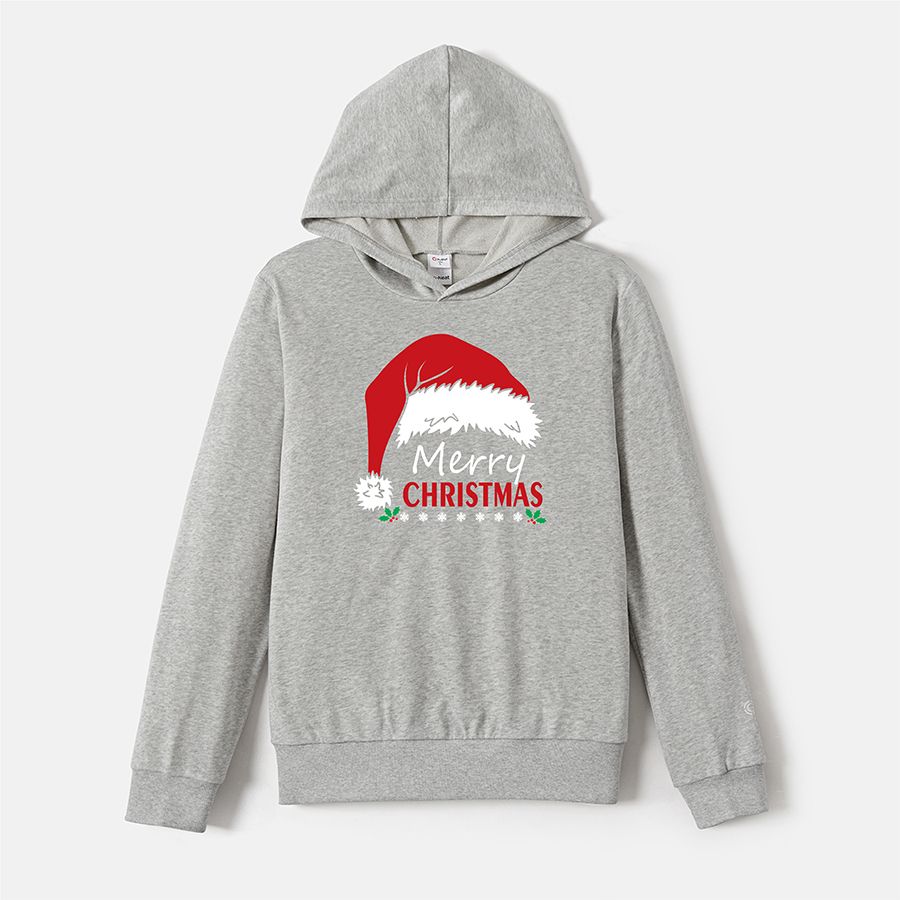 Go-Neat Water Repellent and Stain Resistant Family Matching Christmas Hat & Letter Print Grey Long-sleeve Hoodies Light Grey big image 4