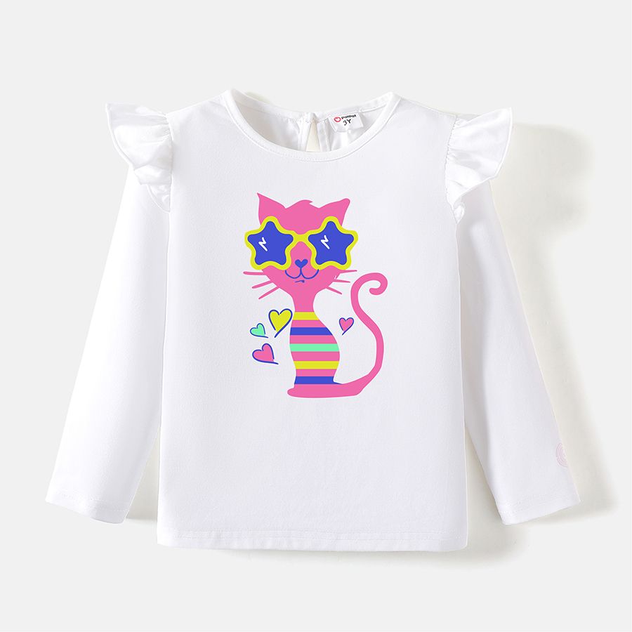 [2Y-6Y] Go-Neat Water Repellent and Stain Resistant Toddler Girl Cat Print Long-sleeve Tee White big image 2