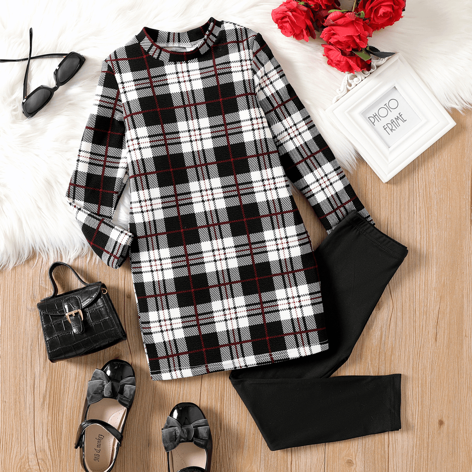 Kid Girl Plaid Stand Collar Long-sleeve Dress BlackandWhite