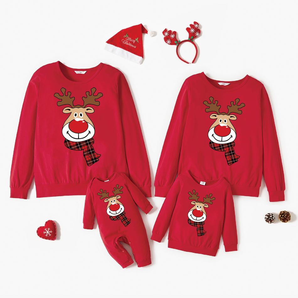 Christmas Family Matching 100% Cotton Reindeer Print Long-sleeve Sweatshirts Red big image 1