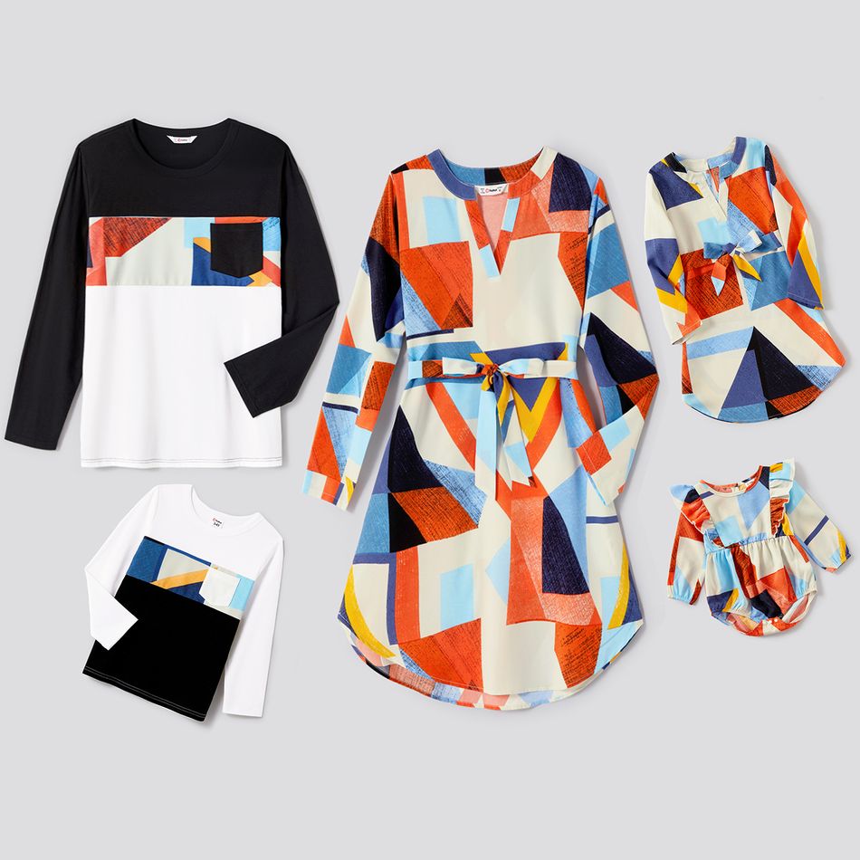 Family Matching Geo Print Notch Neck Belted Dresses and Long-sleeve Colorblock T-shirts Sets Colorful big image 1