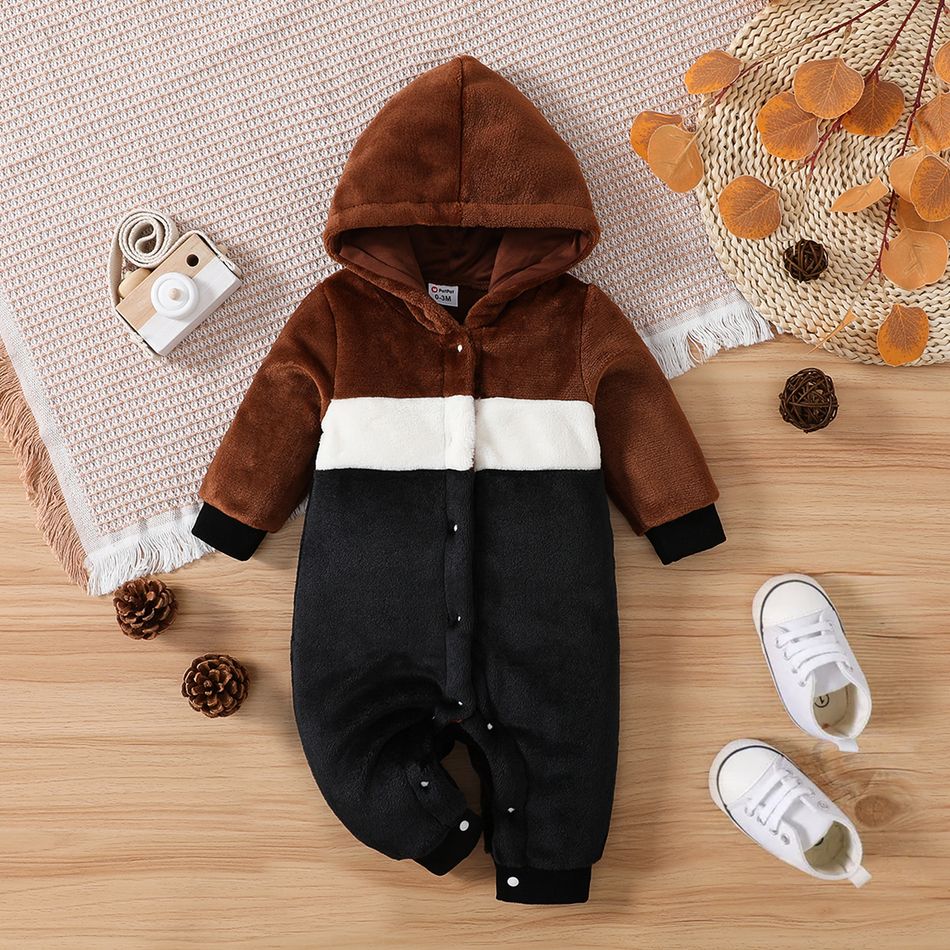 Baby Boy/Girl Colorblock Fuzzy Thermal Hooded Long-sleeve Button Jumpsuit Brown