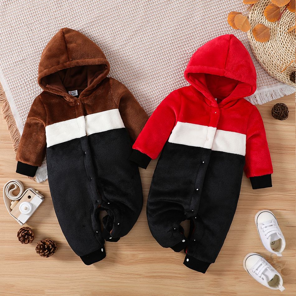 Baby Boy/Girl Colorblock Fuzzy Thermal Hooded Long-sleeve Button Jumpsuit Brown big image 2