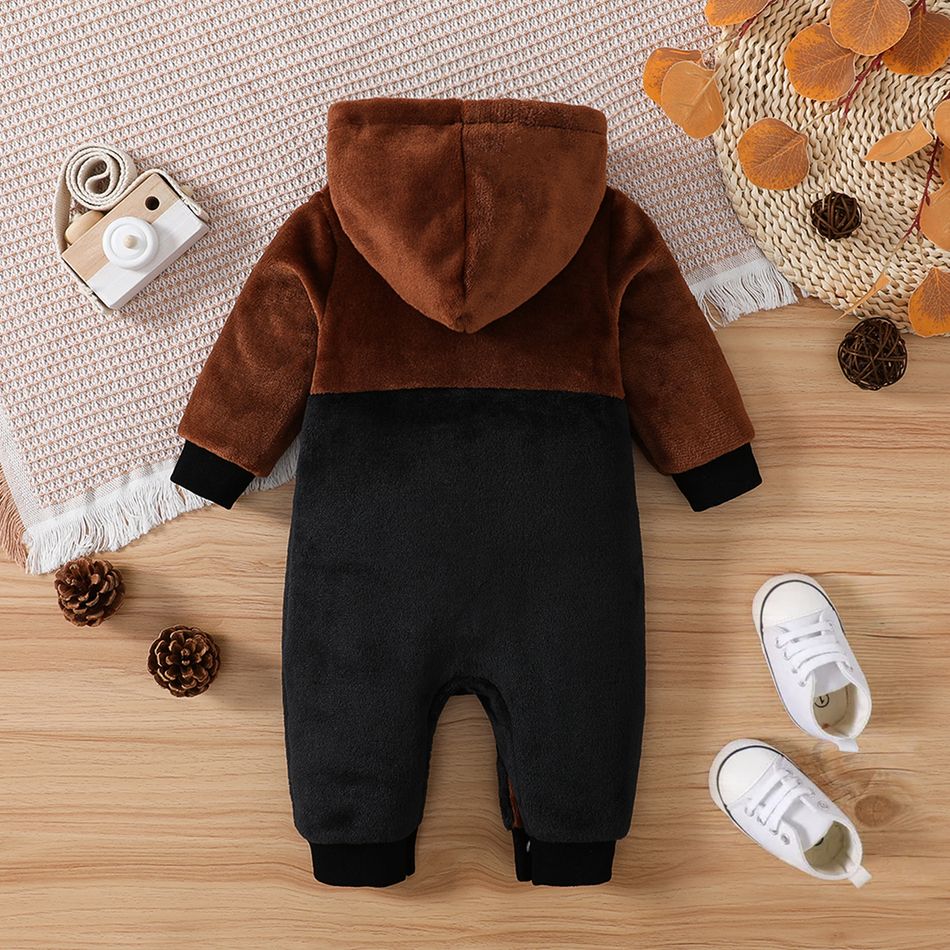 Baby Boy/Girl Colorblock Fuzzy Thermal Hooded Long-sleeve Button Jumpsuit Brown big image 3