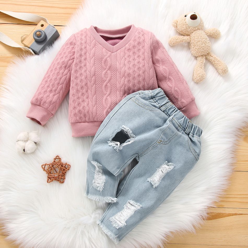 2pcs Baby Girl Imitation Knitting Long-sleeve Pullover and Ripped Jeans Set Pink big image 1