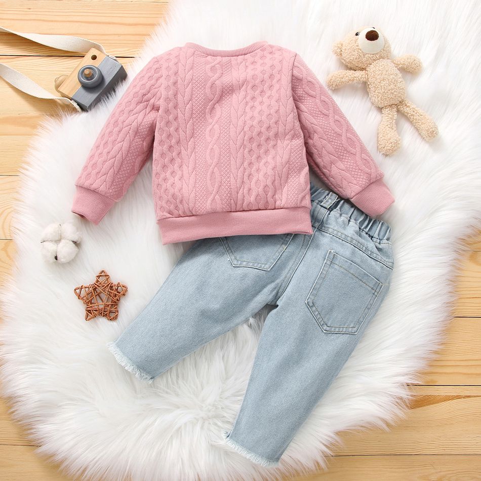 2pcs Baby Girl Imitation Knitting Long-sleeve Pullover and Ripped Jeans Set Pink big image 2