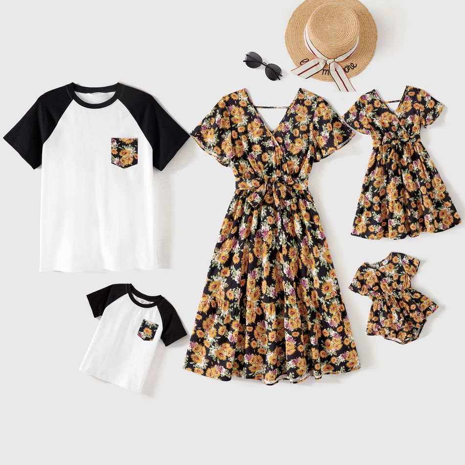 Family Matching 95% Cotton Colorblock Raglan-sleeve T-shirts and Floral Print Surplice Neck Belted Dresses Sets Black big image 1