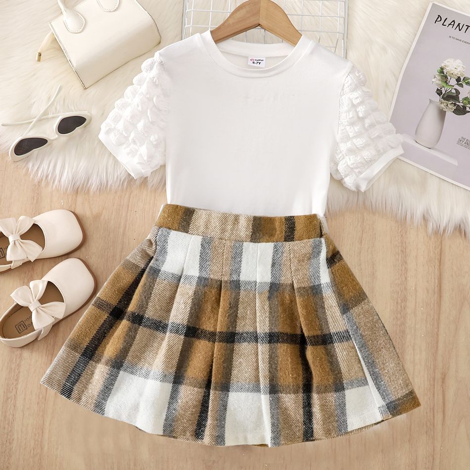 2pcs Kid Girl Textured Short-sleeve Tee and Plaid Pleated Skirt Set White