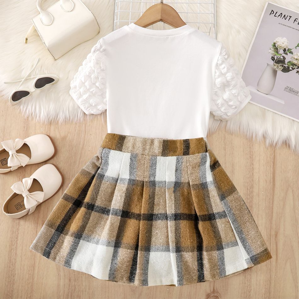 2pcs Kid Girl Textured Short-sleeve Tee and Plaid Pleated Skirt Set White big image 6
