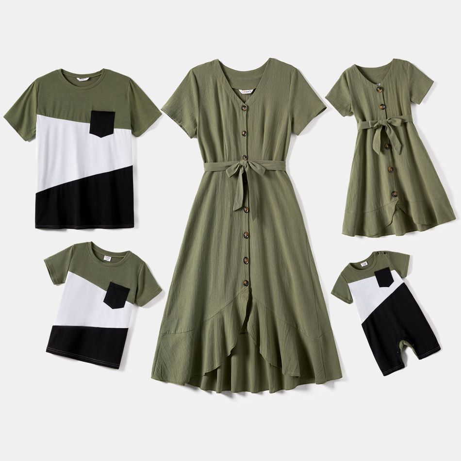 Family Matching 100% Cotton Short-sleeve Button Front Belted High Low Hem Dresses and Colorblock T-shirts Sets Green big image 1