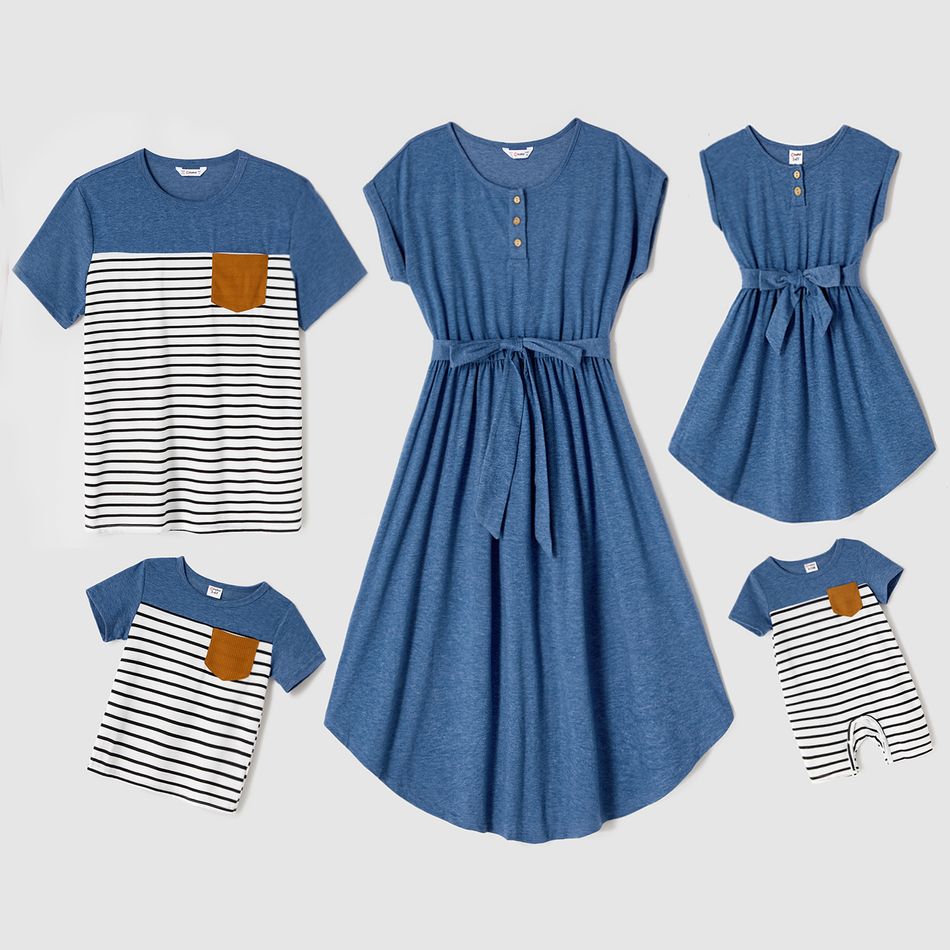 Family Matching Blue Cap-sleeve Belted Midi Dresses and Short-sleeve Striped Spliced T-shirts Sets Blue