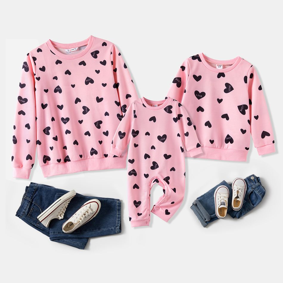 Valentine's Day Mommy and Me Allover Heart Print Pink Long-sleeve Sweatshirts Pink big image 1