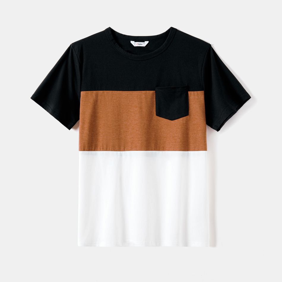 Family Matching Solid V Neck Flutter-sleeve Spliced Floral Print High Low Hem Dresses and Colorblock T-shirts Sets Brown big image 9