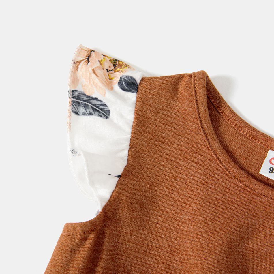 Family Matching Solid V Neck Flutter-sleeve Spliced Floral Print High Low Hem Dresses and Colorblock T-shirts Sets Brown big image 10