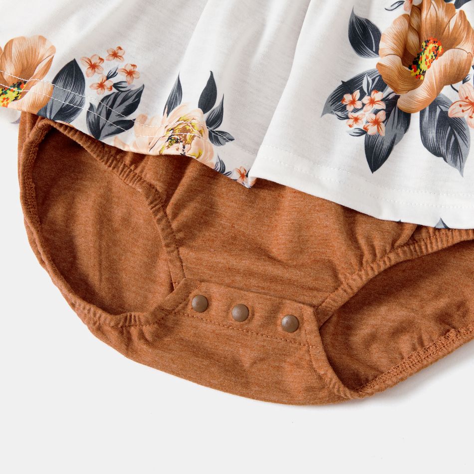 Family Matching Solid V Neck Flutter-sleeve Spliced Floral Print High Low Hem Dresses and Colorblock T-shirts Sets Brown