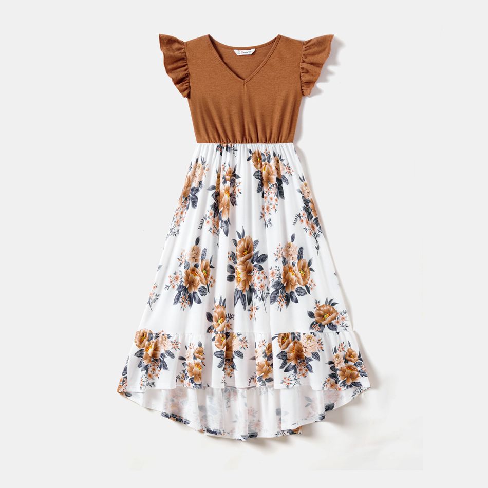 Family Matching Solid V Neck Flutter-sleeve Spliced Floral Print High Low Hem Dresses and Colorblock T-shirts Sets Brown big image 2