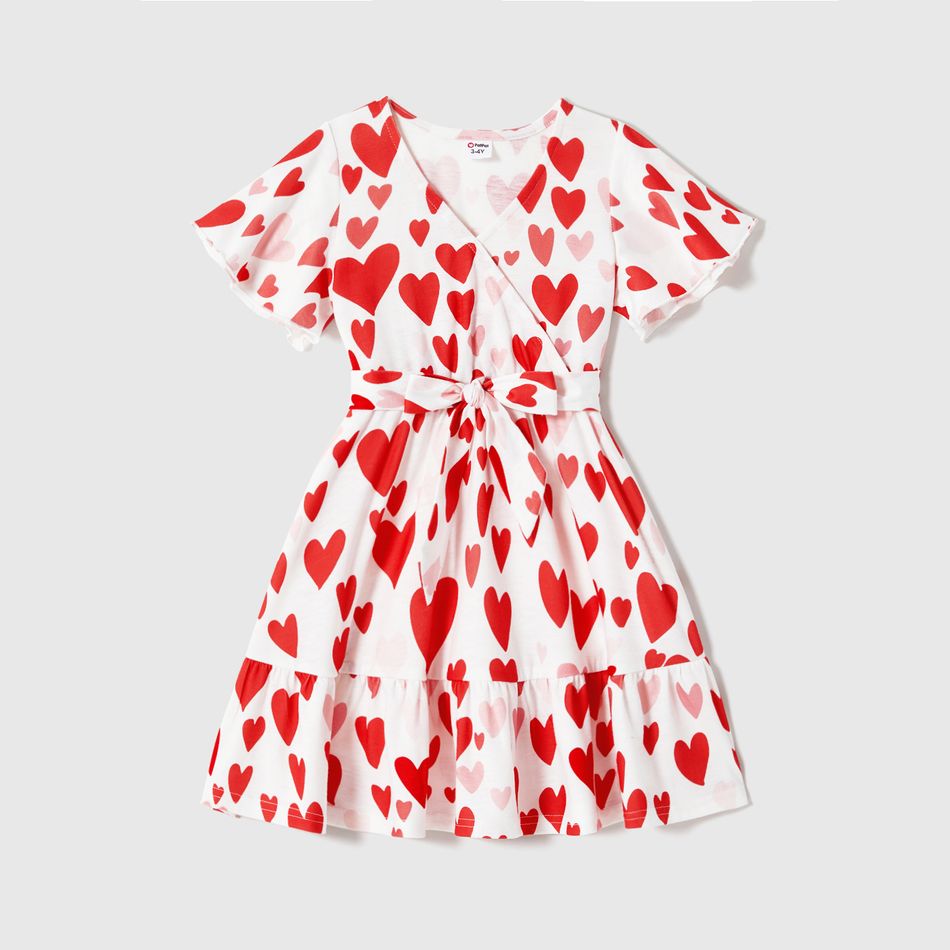 Mother's Day Family Matching 95% Cotton Letter Graphic Striped Raglan Sleeve T-shirts and Allover Red Heart Print Surplice Neck Ruffle-sleeve Belted Naia™ Dresses Sets REDWHITE big image 3