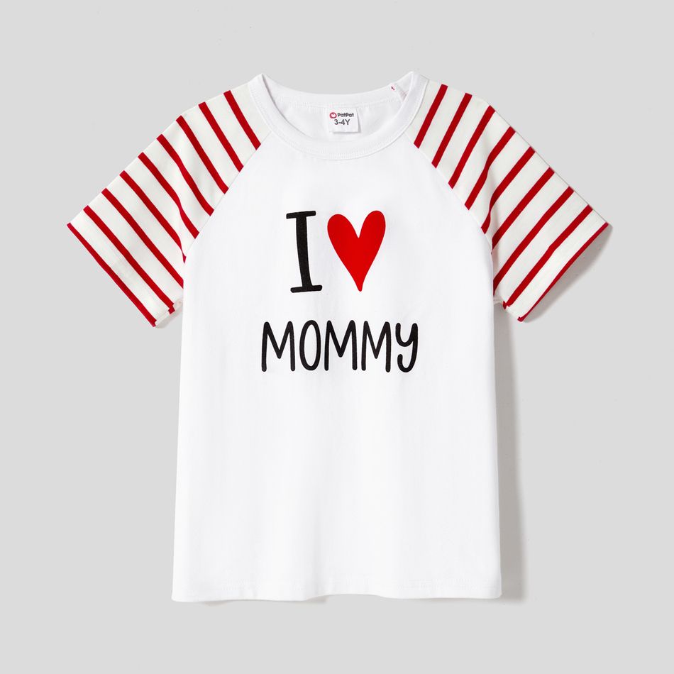 Mother's Day Family Matching 95% Cotton Letter Graphic Striped Raglan Sleeve T-shirts and Allover Red Heart Print Surplice Neck Ruffle-sleeve Belted Naia™ Dresses Sets REDWHITE big image 6