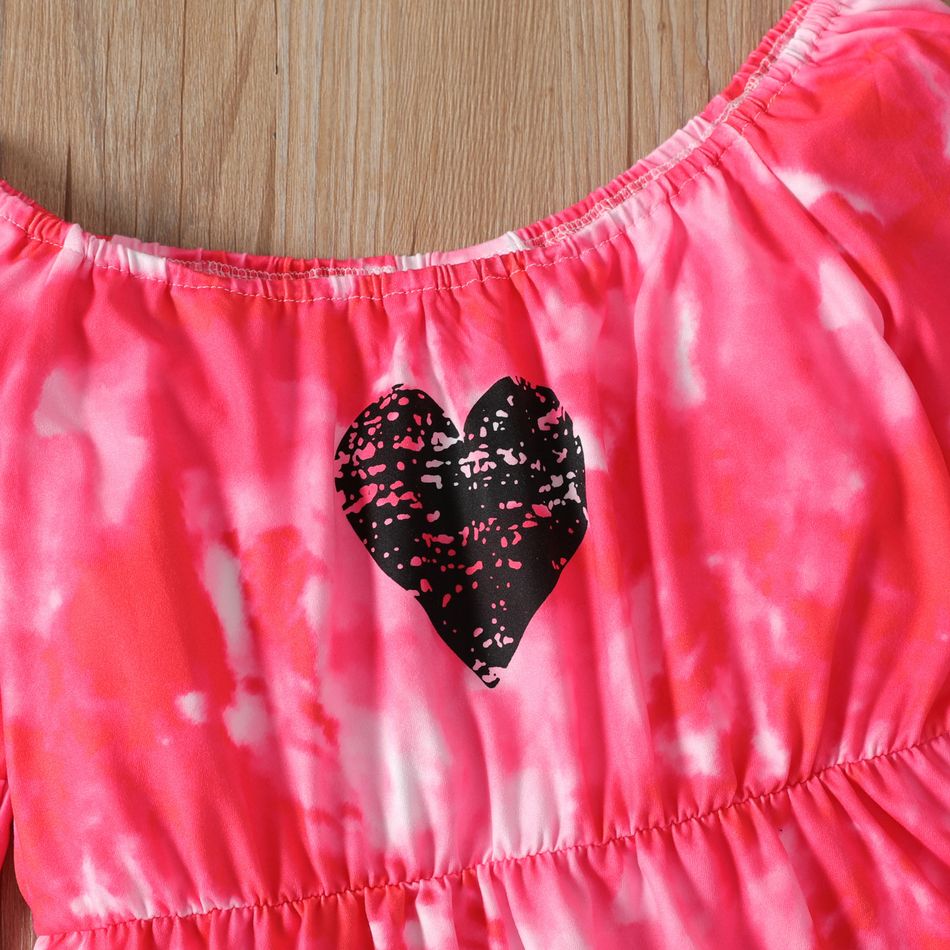 2pcs Kid Girl Tie Dyed Off Shoulder Long-sleeve Tee and Heart Print Leggings Set Dark Pink big image 3