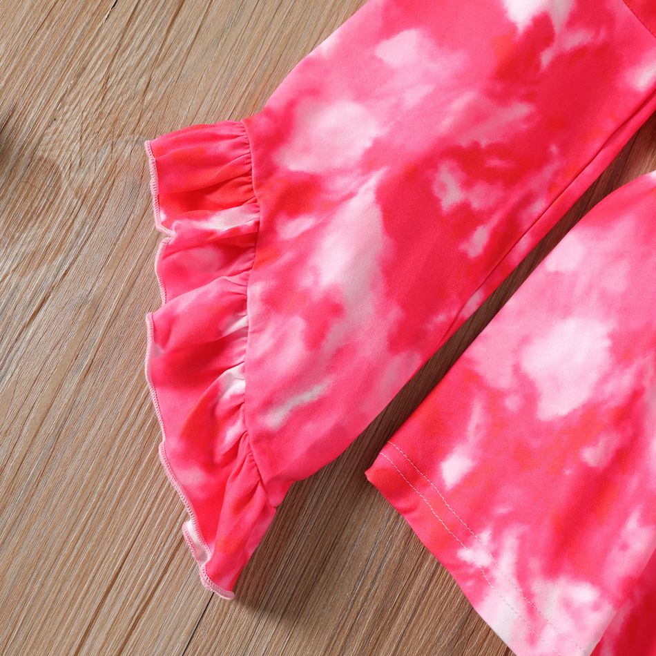 2pcs Kid Girl Tie Dyed Off Shoulder Long-sleeve Tee and Heart Print Leggings Set Dark Pink big image 4