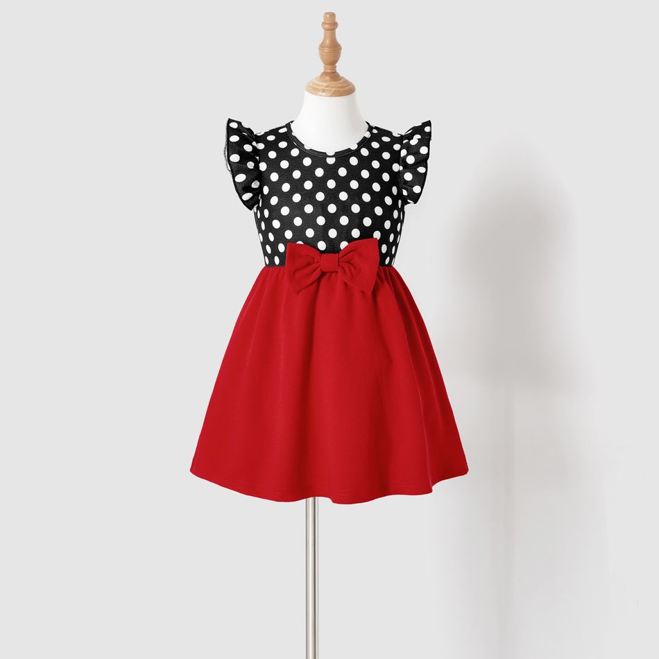 Family Matching Polka Dot Print Tie Neck Sleeveless Red Spliced Dresses and Short-sleeve Colorblock T-shirts Sets MultiColour big image 4