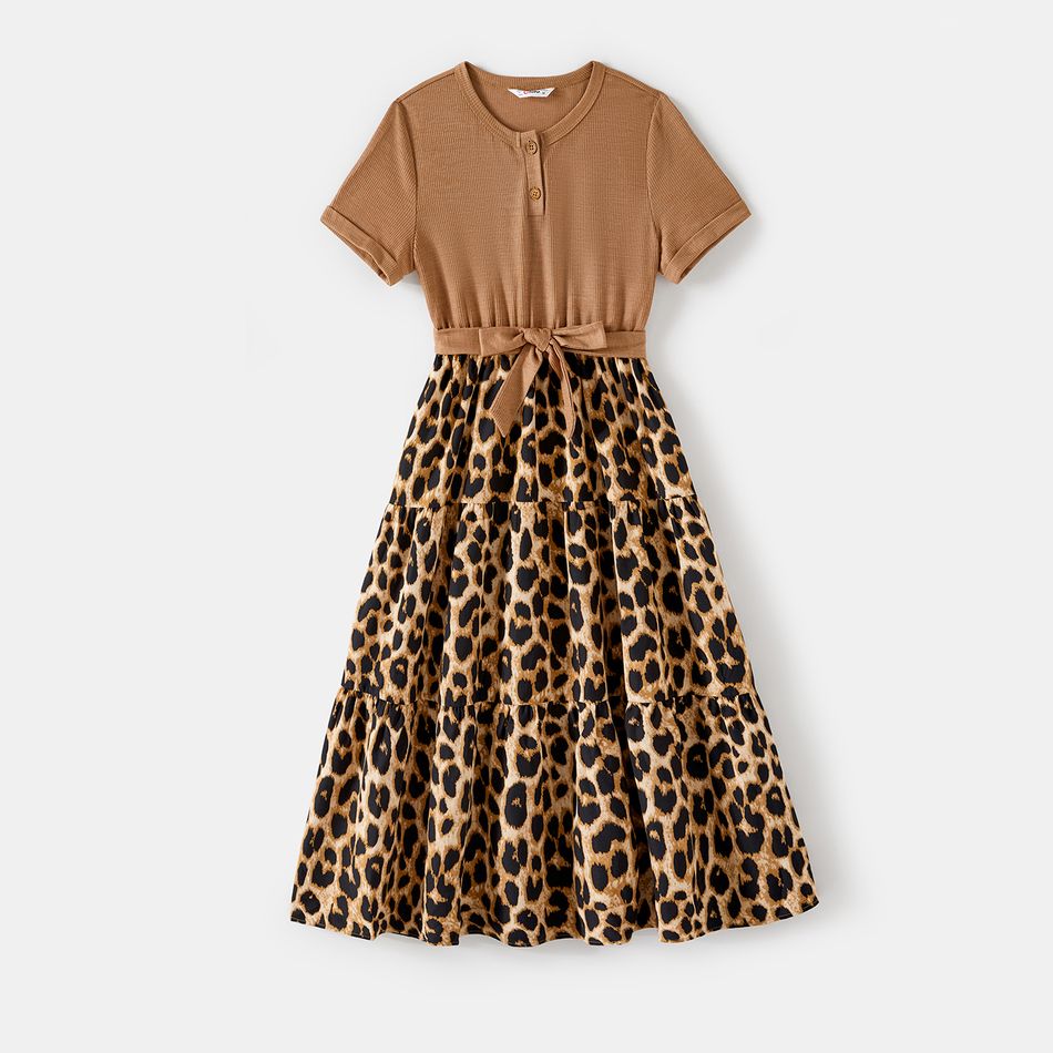 Family Matching Khaki Short-sleeve Spliced Leopard Print Midi Dresses and T-shirts Sets Khaki big image 2