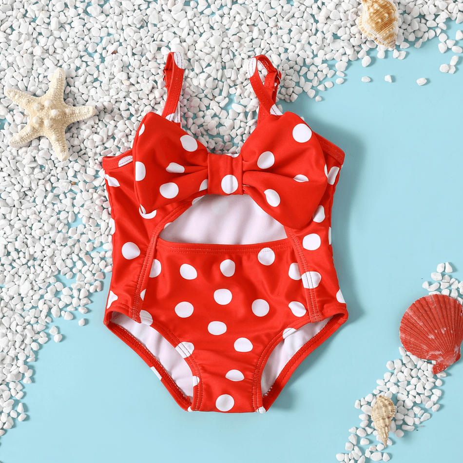 Baby Girl Allover Polka Dot Print Cut Out One-Piece Swimsuit Red big image 1