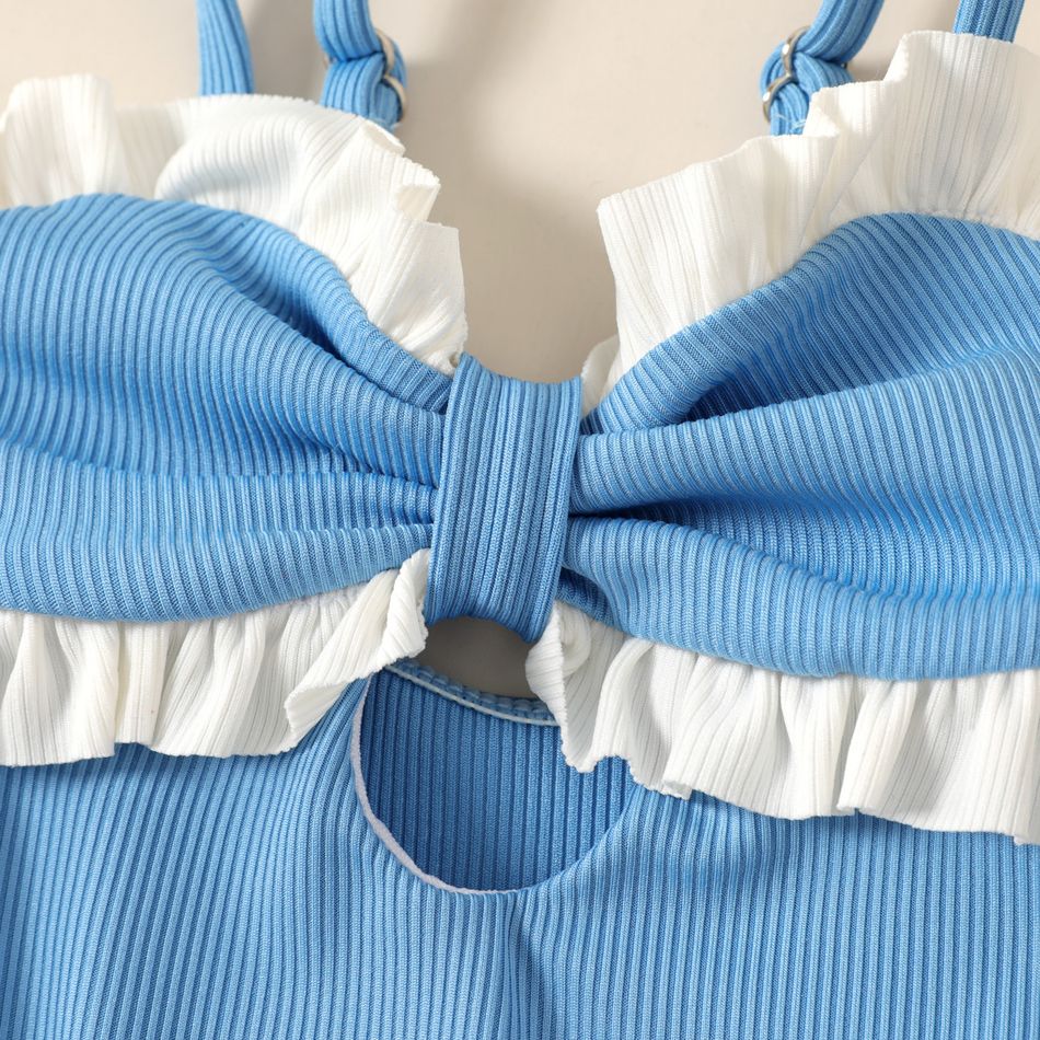 Baby Girl Ruffle Trim Cut Out Ribbed One-Piece Swimsuit Blue big image 3