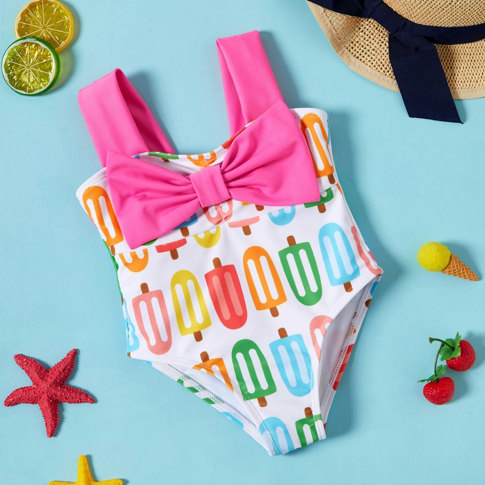 Baby Girl Allover Colorful Popsicle Print Bow Front One-piece Swimsuit Pink